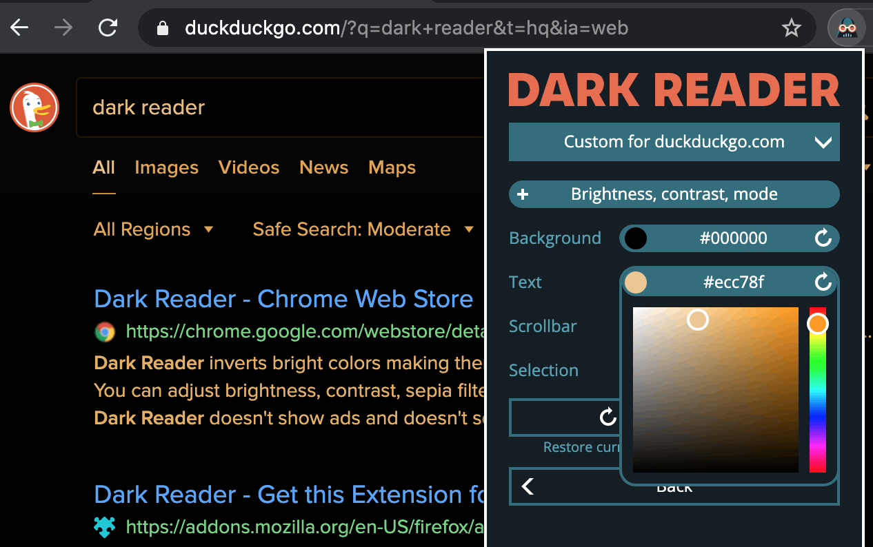 Dark Reader custom colors feature