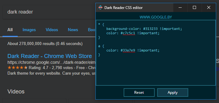 Dark Reader CSS editor