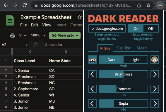 Dark filter mode for Google Sheets