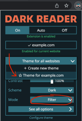 Dark Reader v5 UI for selecting filter mode