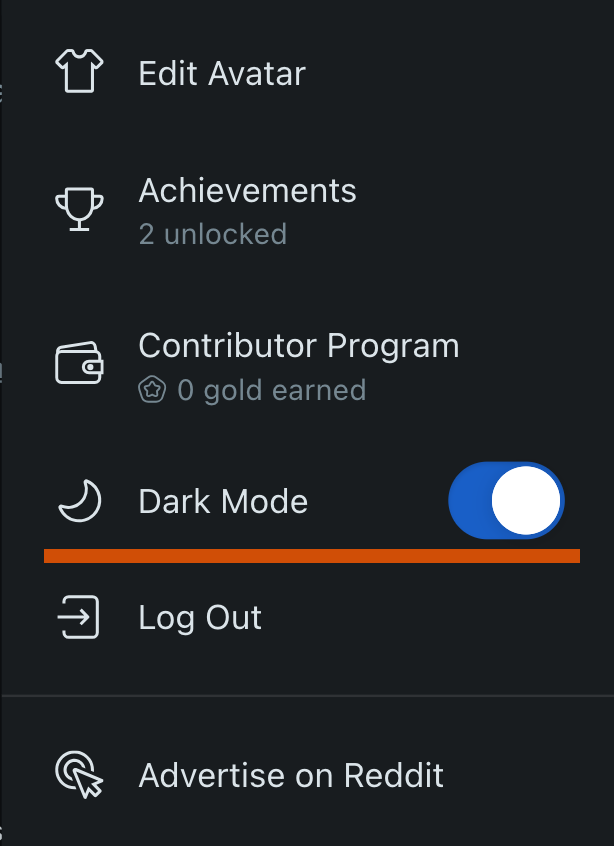 Reddit dark mode menu