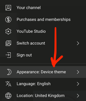 YouTube dark mode menu