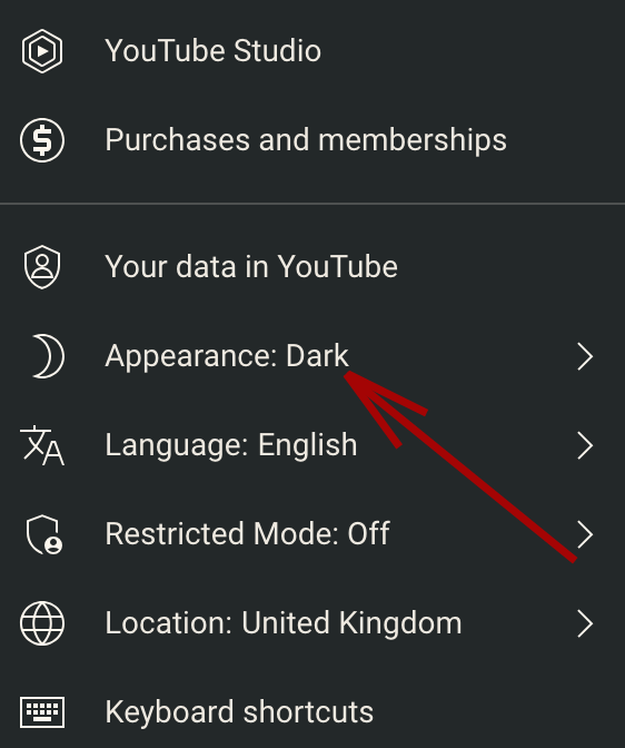 YouTube dark mode menu